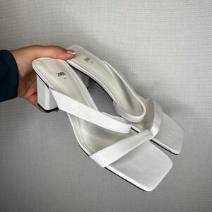 Zara Size 11 White Heeled Mules Sandals Size 42 Block Heel Square Toe Minimalist